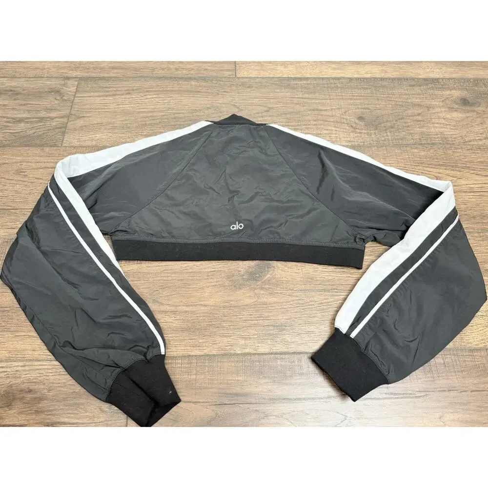 Alo Yoga Racetrack Shrug Black White Crop Jacket Zip Long Sleeve Sz XS
